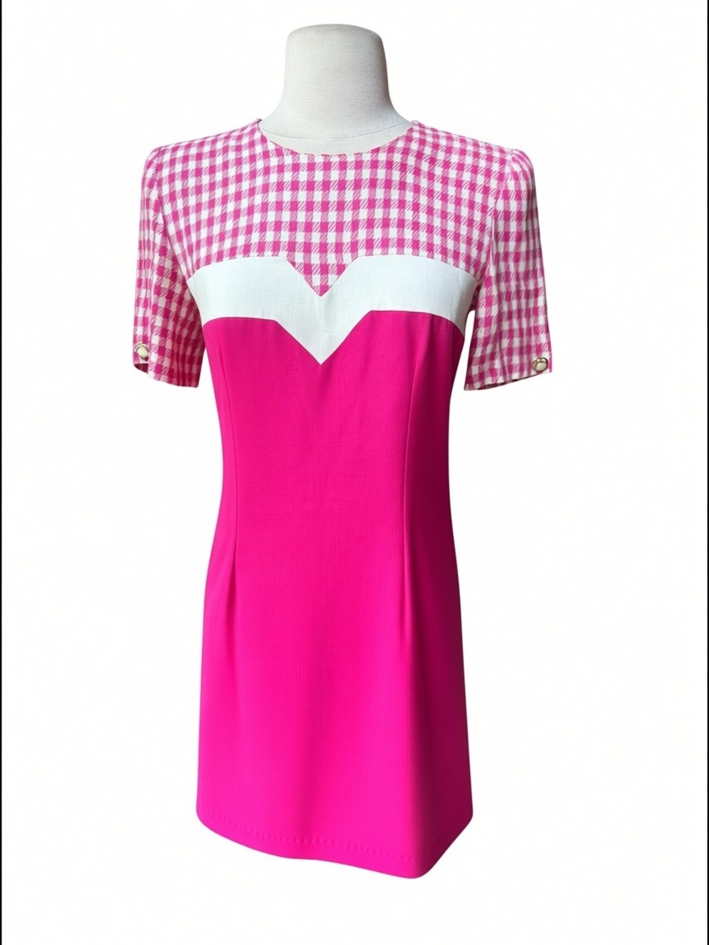 Late 80s/90s Petite Sophisticate Linen Blend Colorblock Gingham Sheath Dress